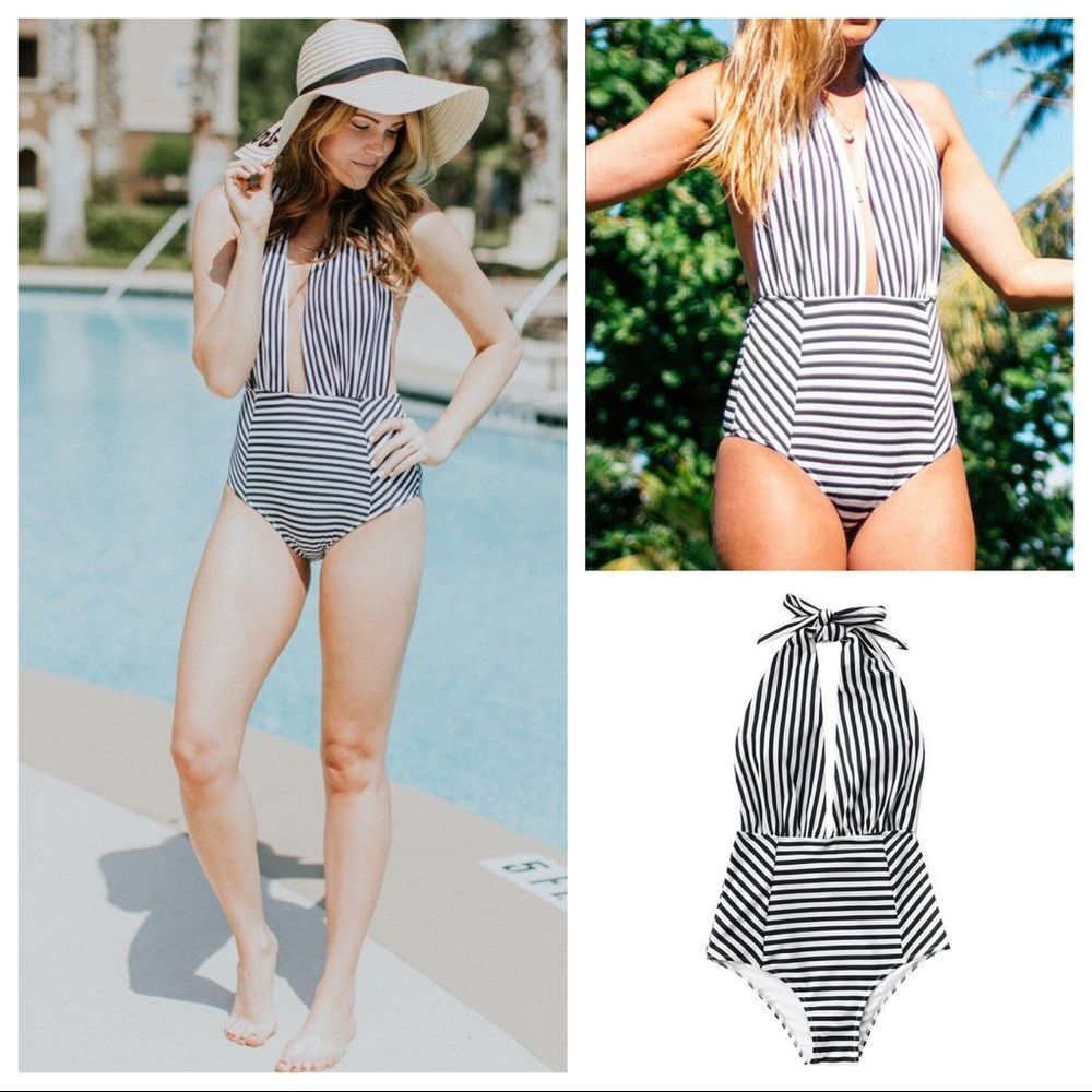 ☀️SALE☀️ NWT Cupshe Black and White Striped Plunging Halter One Piece Size: XXL